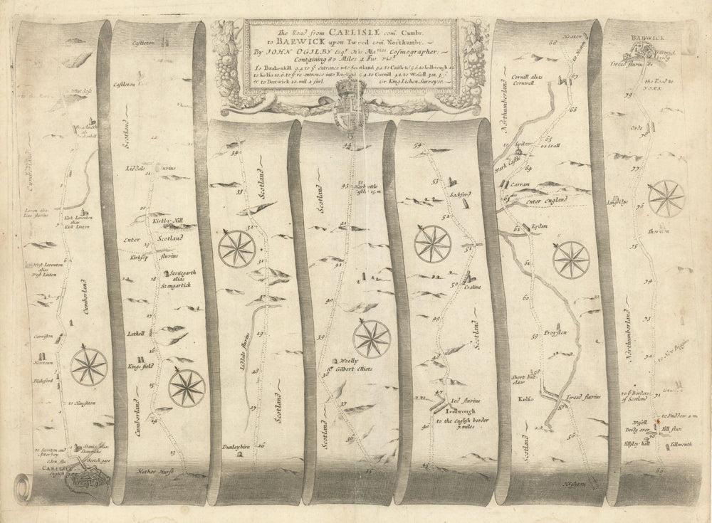 Carlisle  –  Jedburgh  –  Kelso  –  Berwick  –  Ogilby road map #62 1675