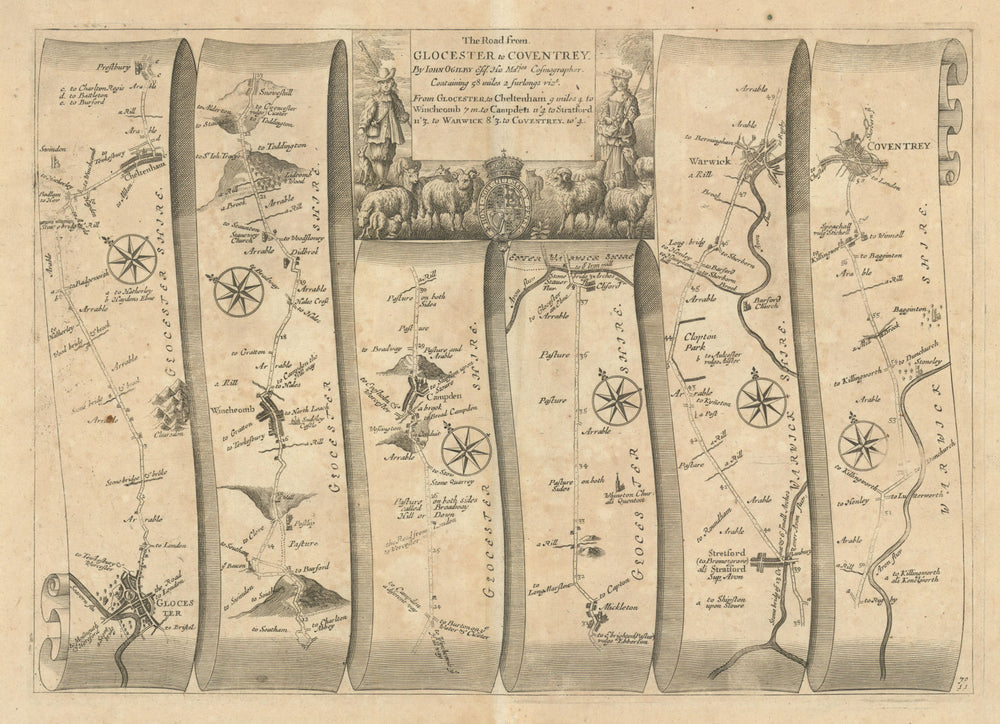 Gloucester – Cheltenham – Warwick – Coventry – Ogilby road map #70 1675