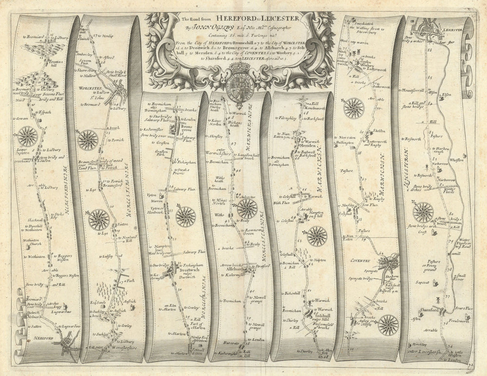 Hereford – Worcester – Coventry – Leicester – Ogilby road map #72 1675 old