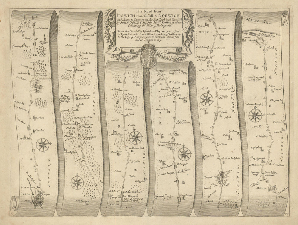 Ipswich  –  Thwaite  –  Norwich  –  Cromer  –  Ogilby road map #74 1675