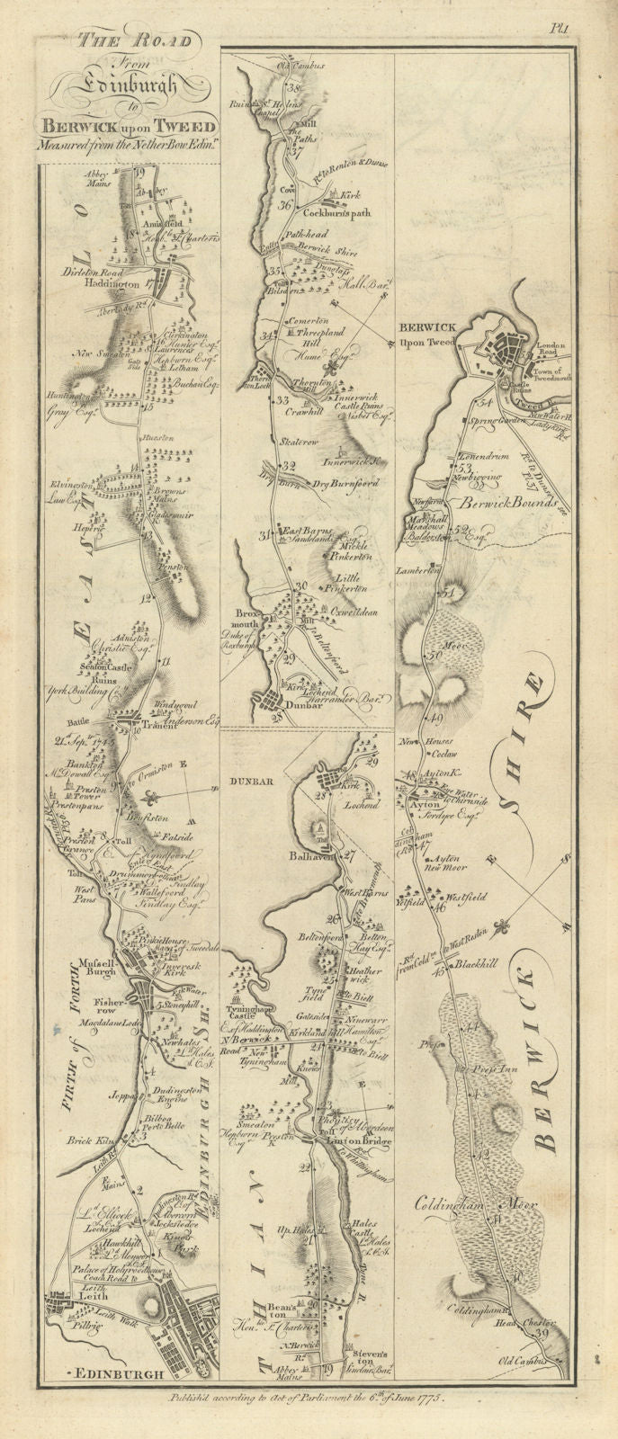 Taylor/Skinner road map 1—Edinburgh—Musselburgh—Haddington—Dunbar—Berwick 1776