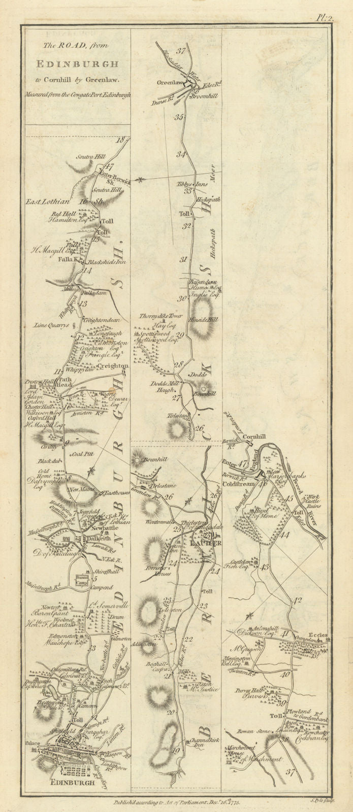 Taylor/Skinner road map 2—Edinburgh—Dalkeith—Lauder—Coldstream—Cornhill 1776