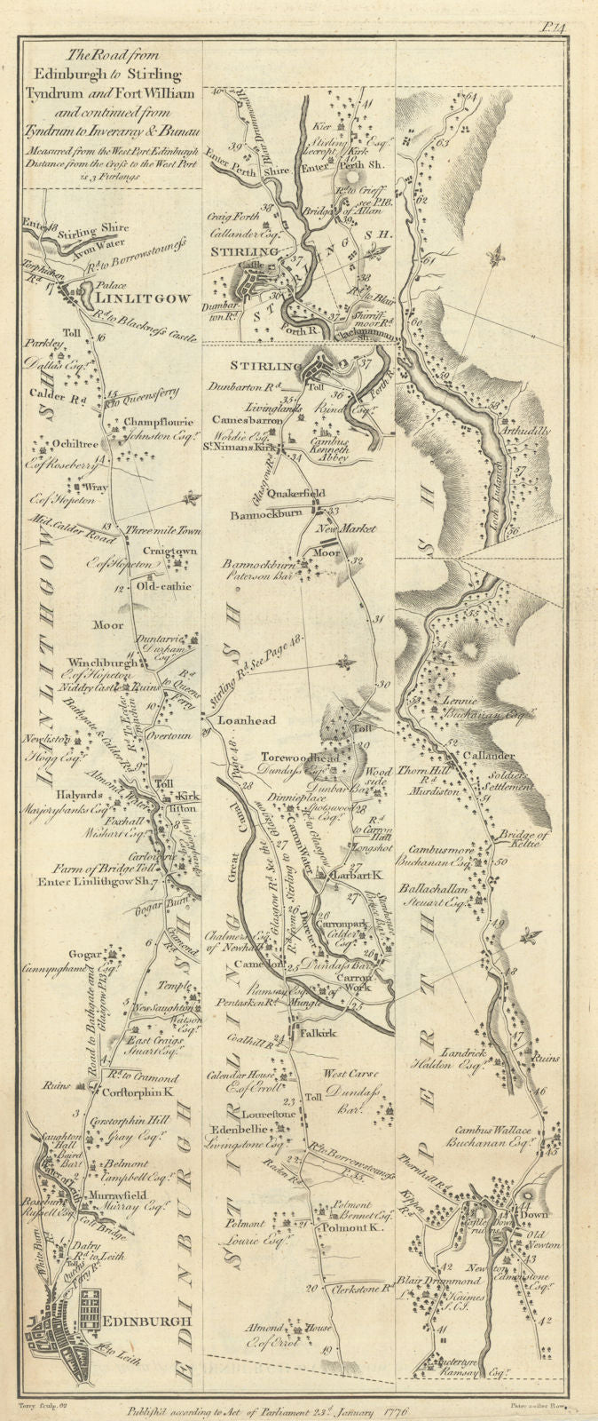 Taylor/Skinner road map 14—Edinburgh—Linlithgow—Falkirk—Stirling—Callander 1776