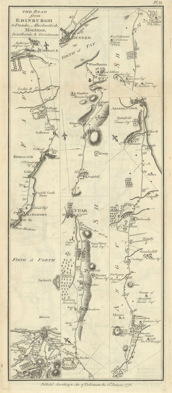 Taylor/Skinner road map 33—Edinburgh—Leith—Kirkcaldy—Cupar—Dundee—Arbroath 1776