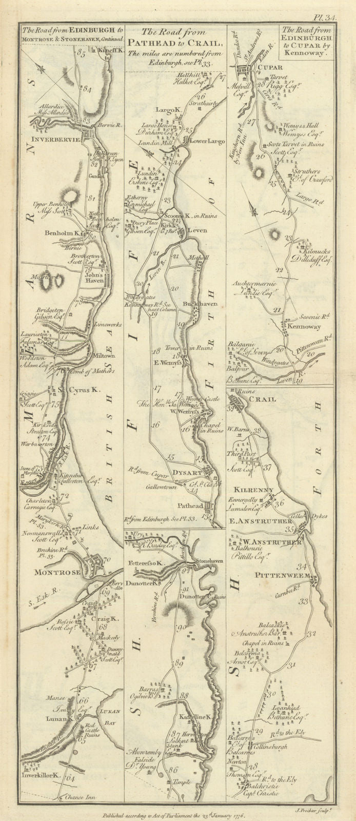 Taylor/Skinner road map 34—Montrose—Stonehaven—Pathhead—Dysart—Leven—Cupar 1776