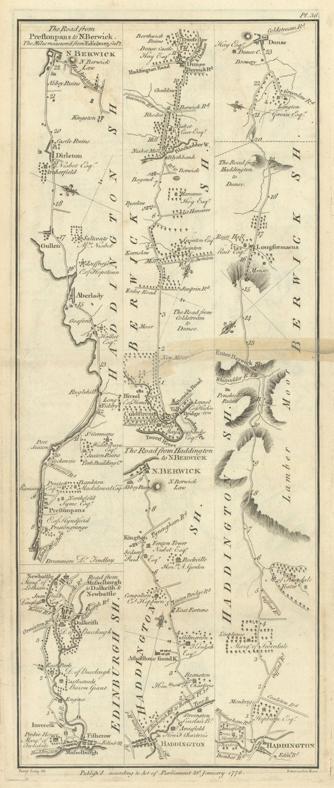 Taylor/Skinner road map 36—Prestonpans—Musselburgh—Dalkeith—Haddington 1776