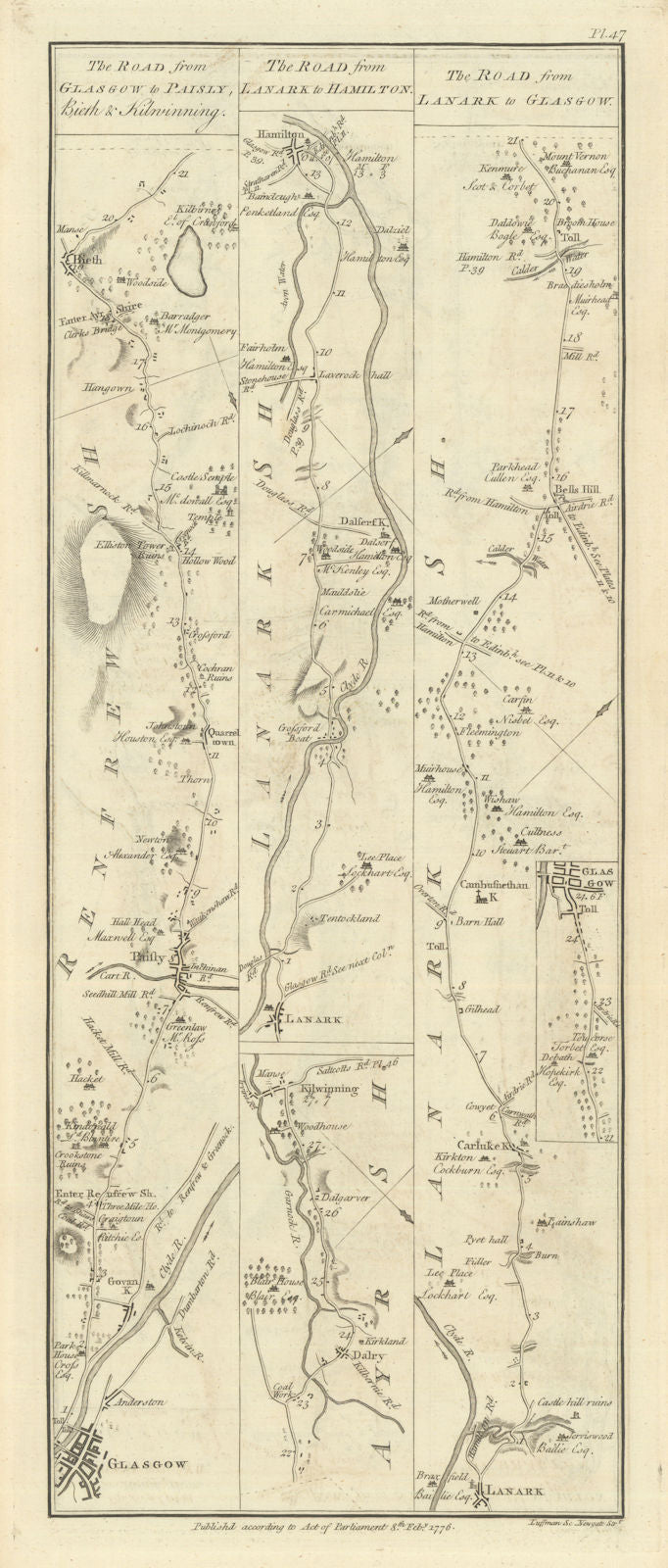 Taylor/Skinner road map 47—Glasgow—Paisley—Beith—Lanark—Hamilton—Motherwell 1776