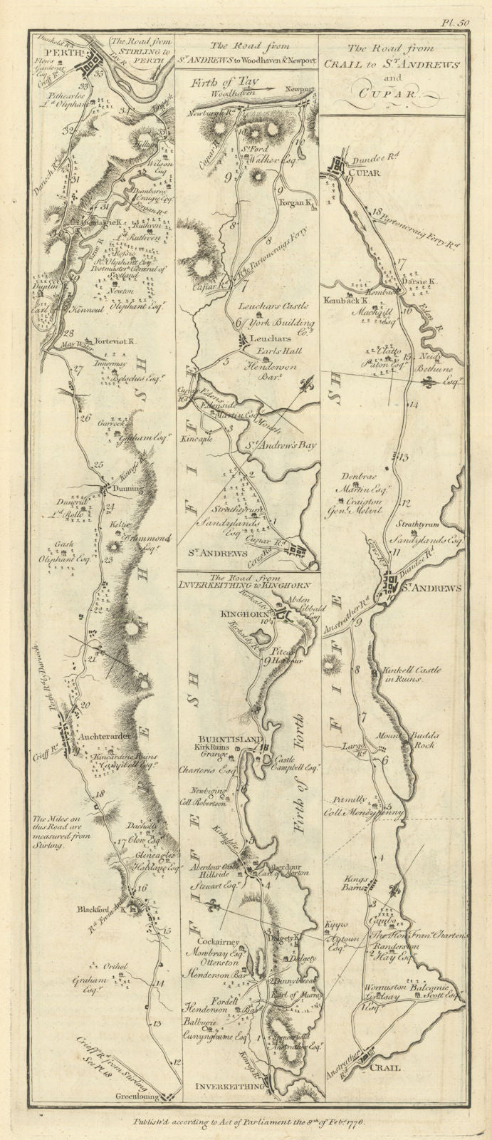 Taylor/Skinner road map 50—Perth—St Andrews—Cupar—Inverkeithing—Burntisland 1776