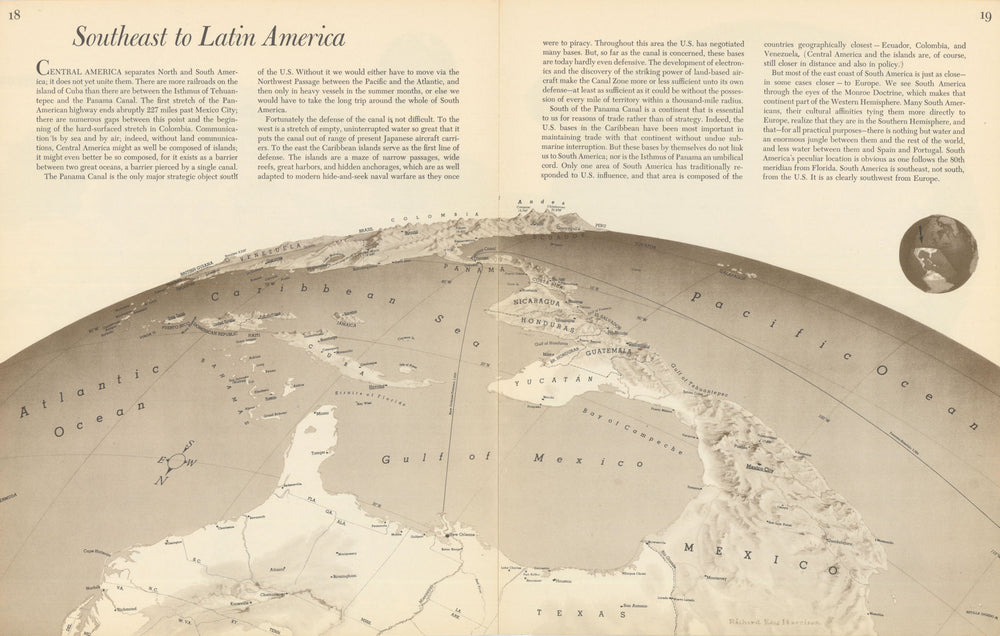 Southeast to Latin America—Persuasive map—World War 2—Richard Edes Harrison 1944