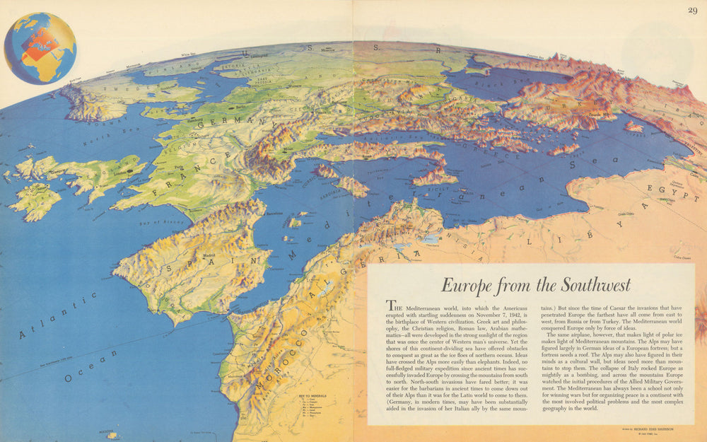 Europe from the Southwest—Persuasive map—World War 2—Richard Edes Harrison 1944