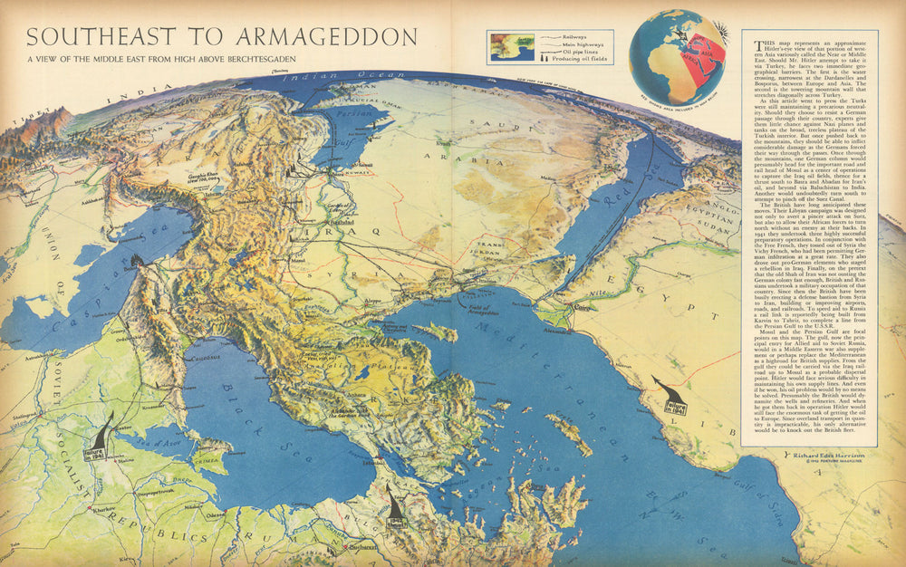 Southeast to Armageddon—World War 2—persuasive map—Richard Edes Harrison 1942