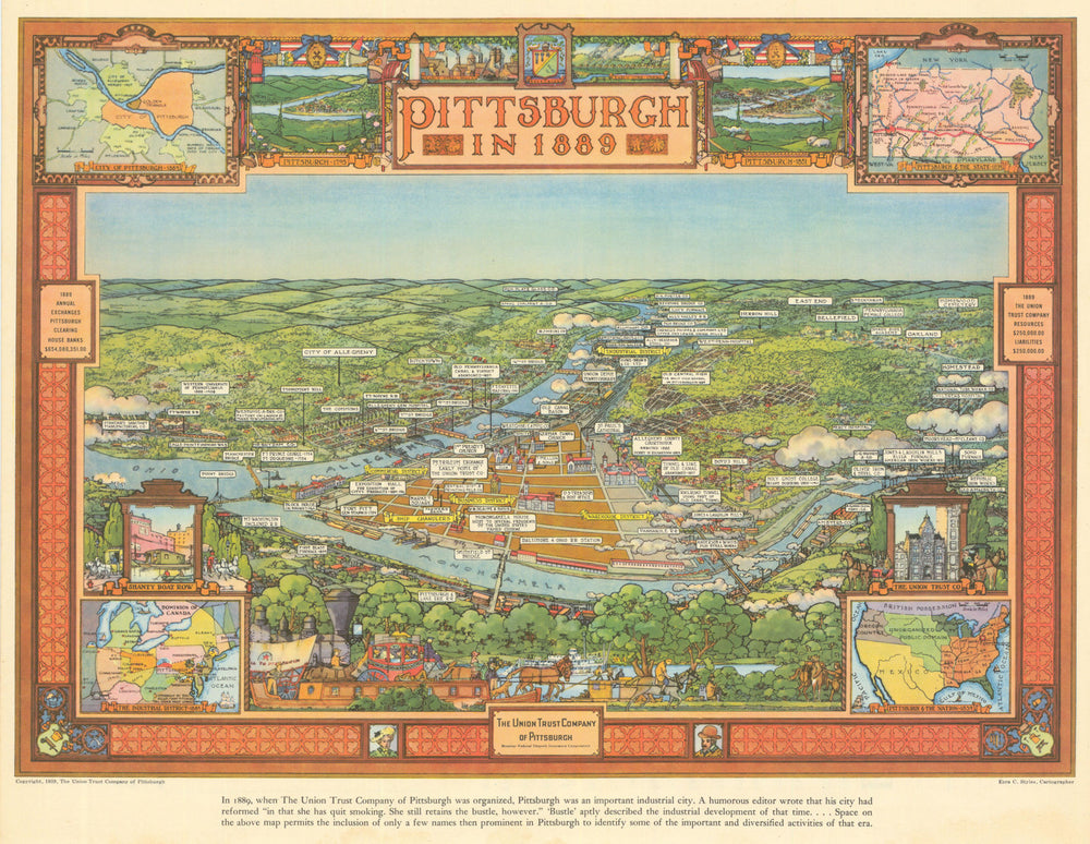 Pittsburg in 1889—Bird's eye city view—Ezra Styles—Union Trust Company 1939 map