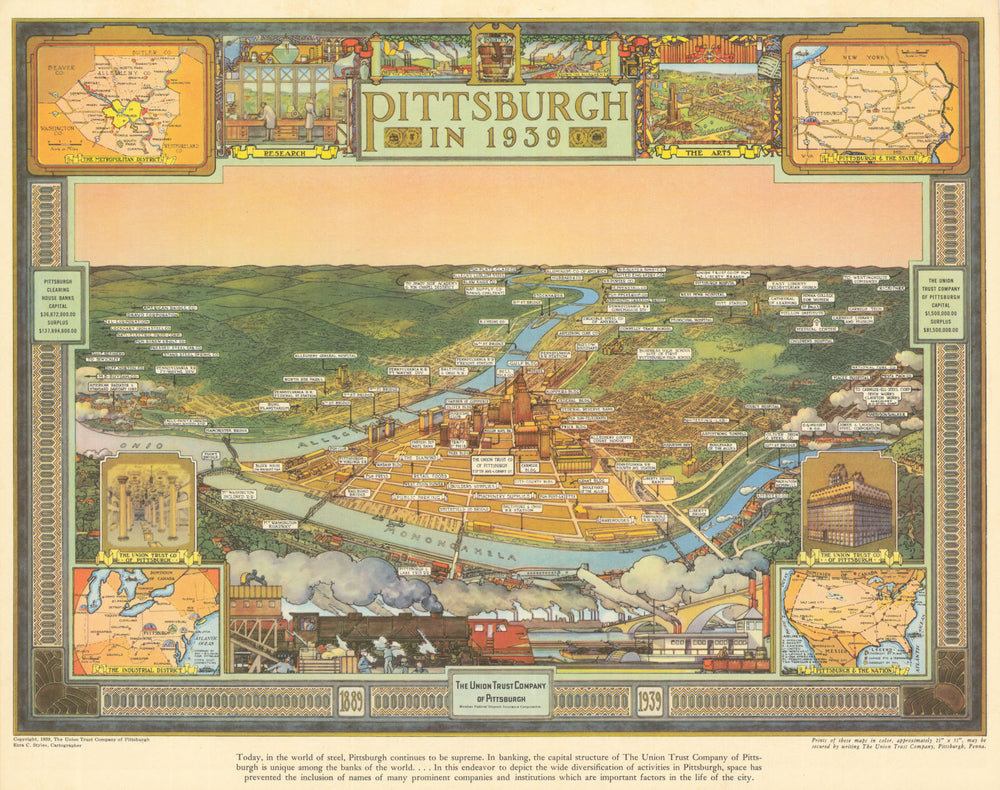 Pittsburg in 1839—Bird's eye city view—Ezra Styles—Union Trust Company 1939 map