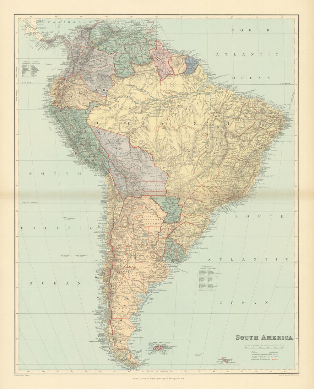 South America. Large 64x51cm. STANFORD 1894 old antique vintage map plan chart