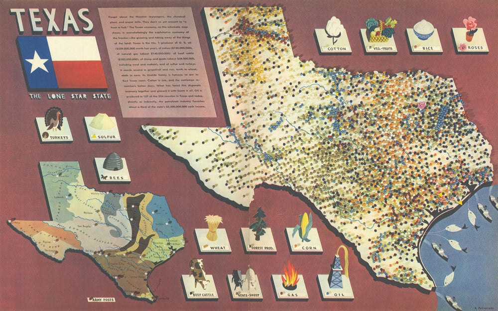 Texas: The Lone Star State—Oil—Agriculture— Army Posts—Petruccelli 1939 map