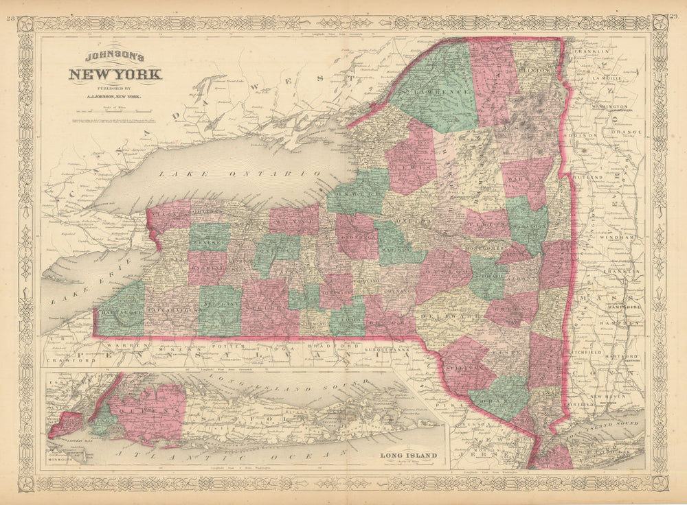Johnson's New York state map. US state map showing counties. Long Island 1866