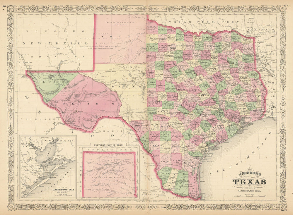 Johnson's Texas. US state map showing counties and Comanche & Kiowa lands 1866