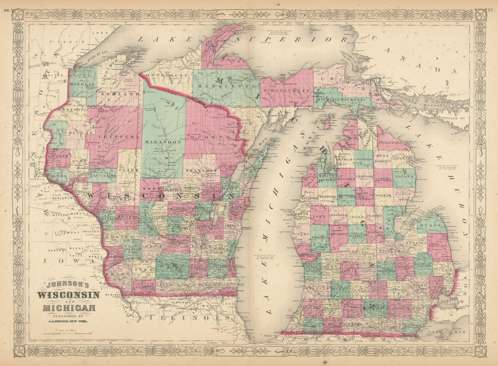 Johnson's Wisconsin & Michigan. State map showing counties. Great Lakes 1866