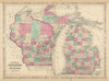Johnson's Wisconsin & Michigan. State map showing counties. Great Lakes 1866
