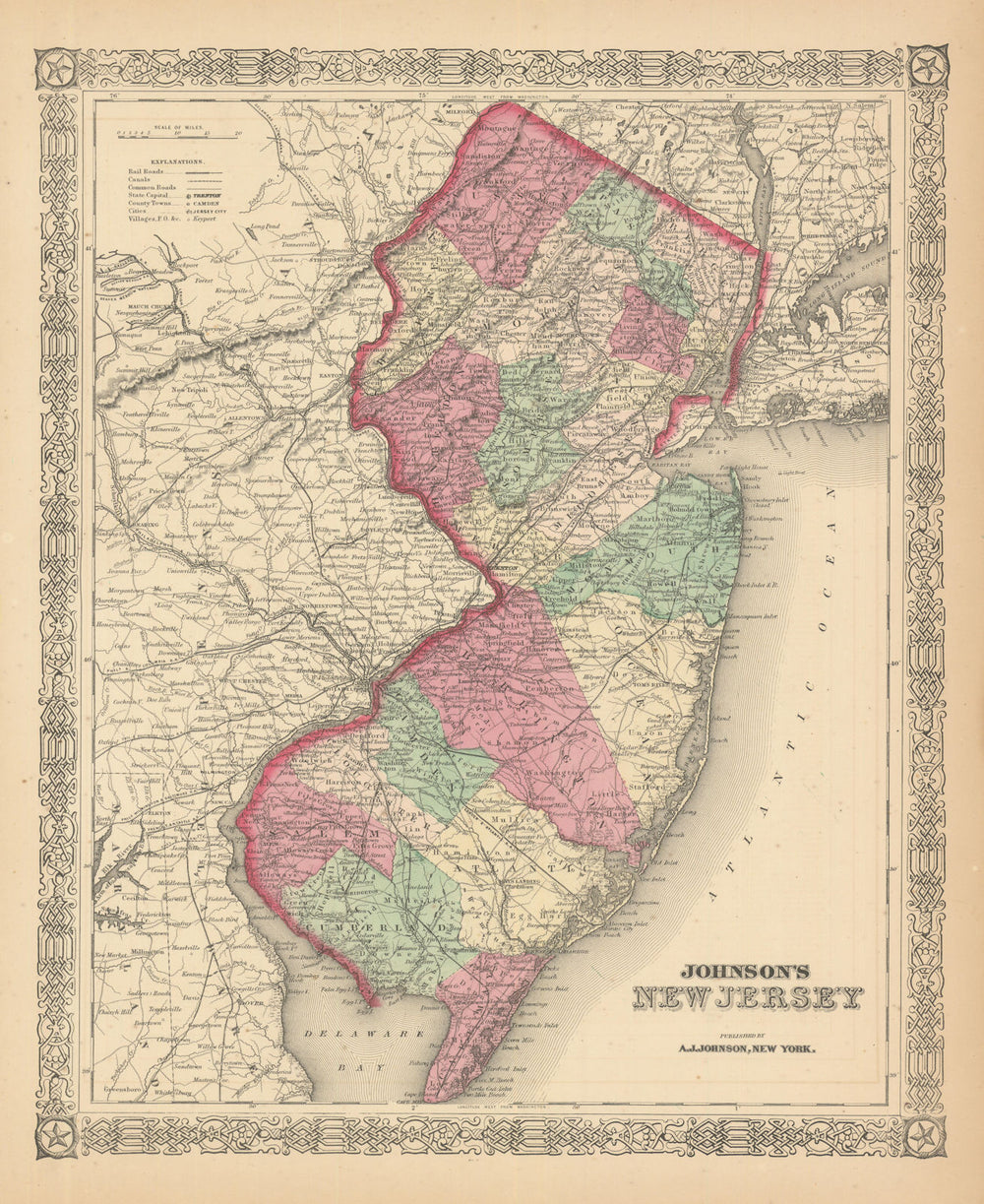 Johnson's New Jersey. US State map showing counties 1866 old antique chart