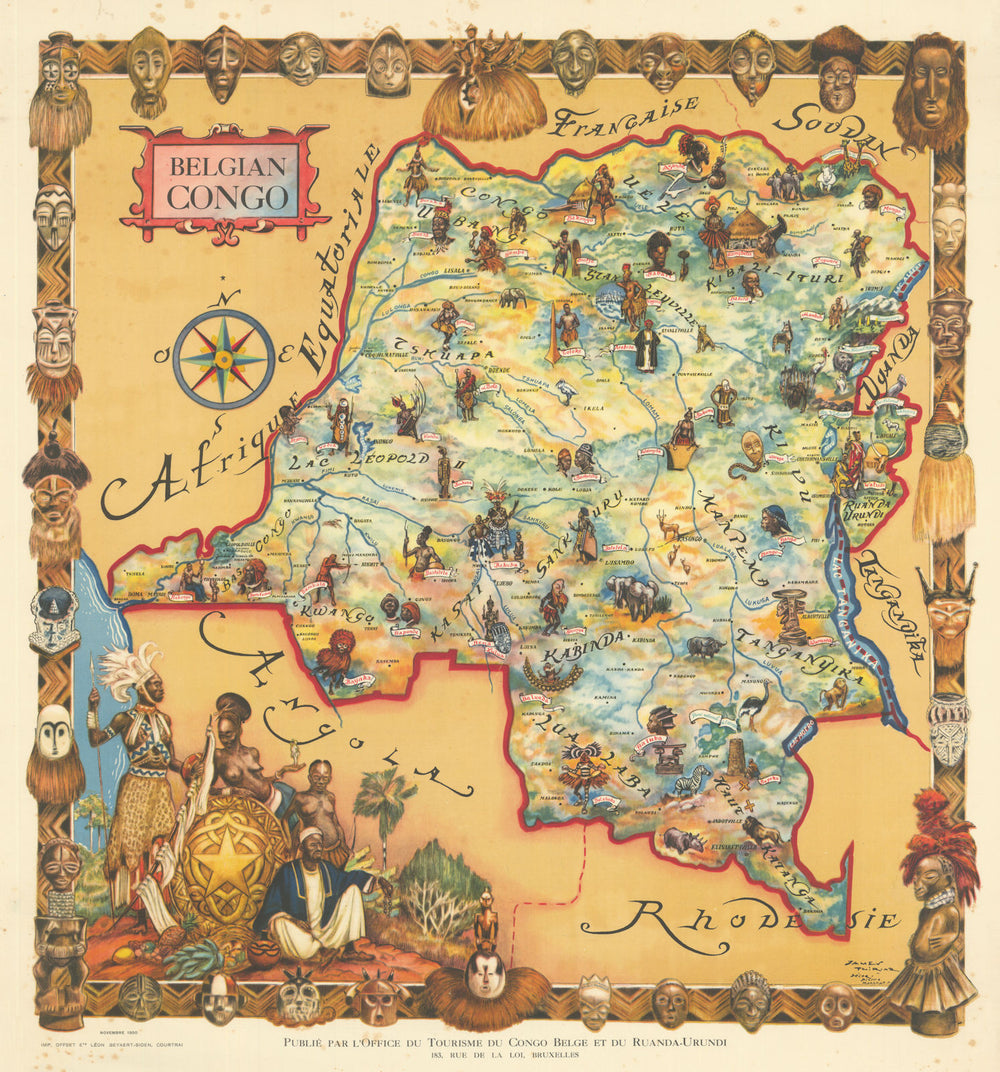 Belgian Congo pictorial mid-century tourist poster map by James Thiriar 1950