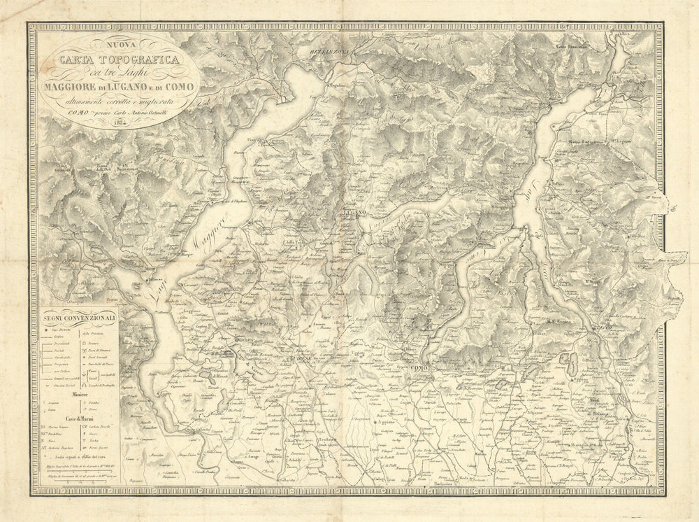 Nuova Carta Topografica dei tre Laghi Maggiore… Lugano e Como—Ostinelli 1824 map