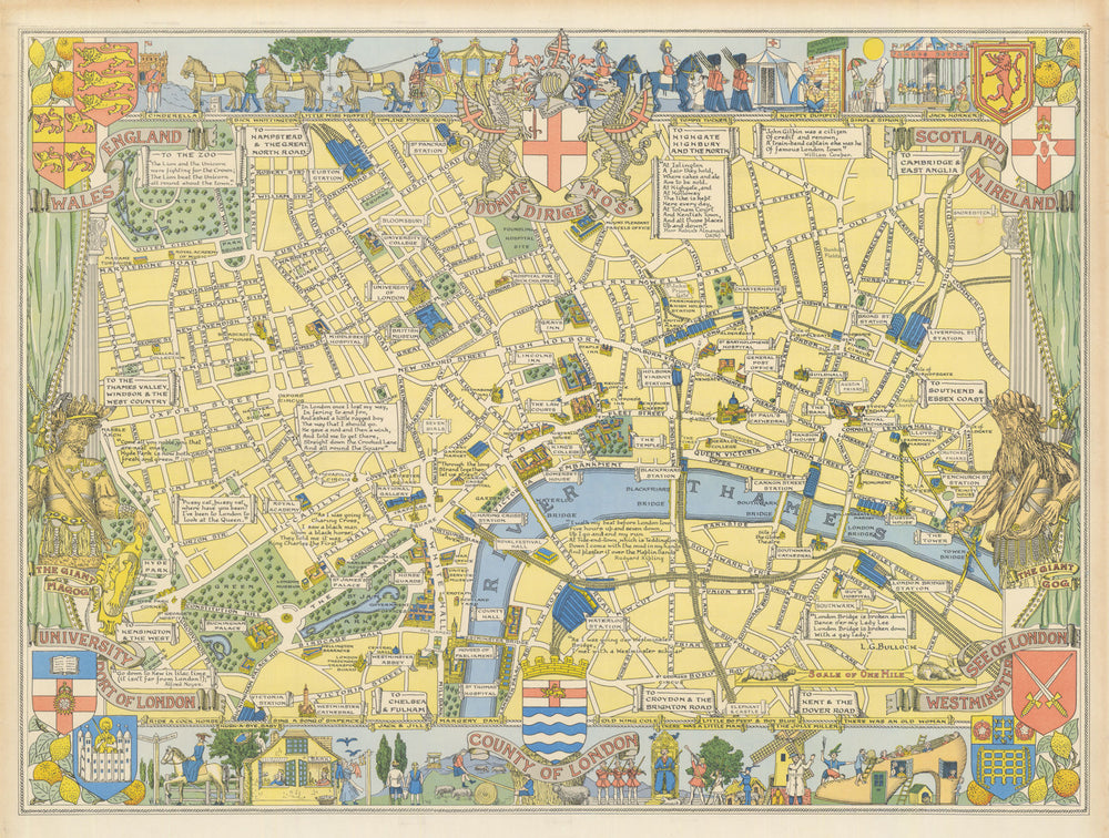 Children's Map of London. Pictorial map by John Bartholomew. 55x76cm 1939
