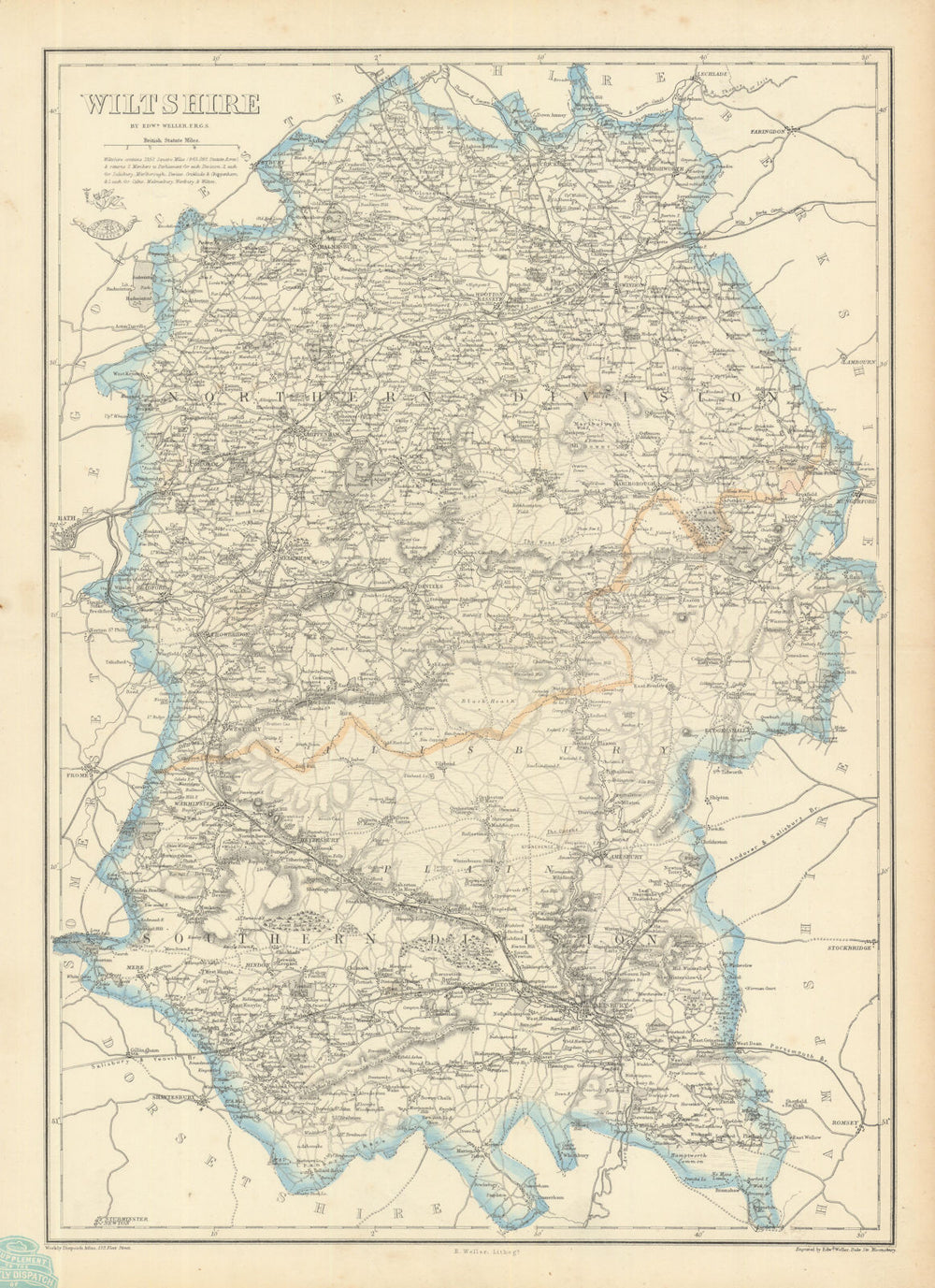 WILTSHIRE. Salisbury Plain. Antique county map. Railways. WELLER 1863 old