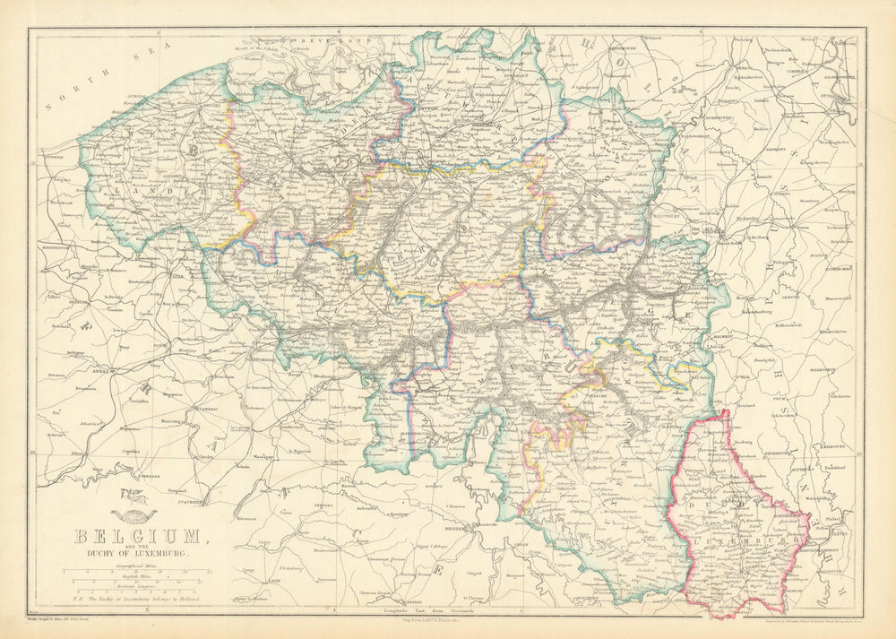 BELGIUM & LUXEMBOURG. Provinces rivers railways. JW LOWRY. Dispatch 1863 map