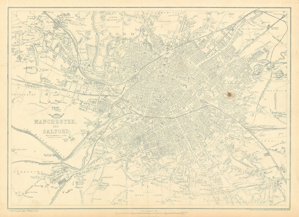 MANCHESTER & SALFORD. Large town/city plan by BR DAVIES.Dispatch Atlas 1863 map