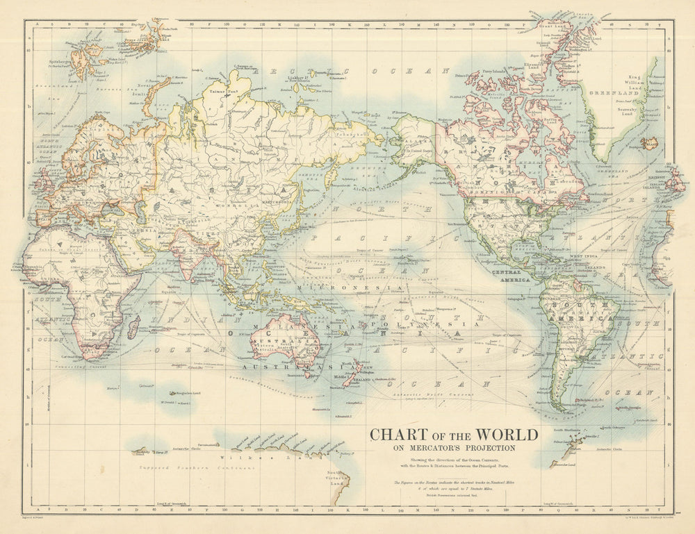 Chart of the World on Mercator's Projection by W. & A.K. Johnston 1885 old map
