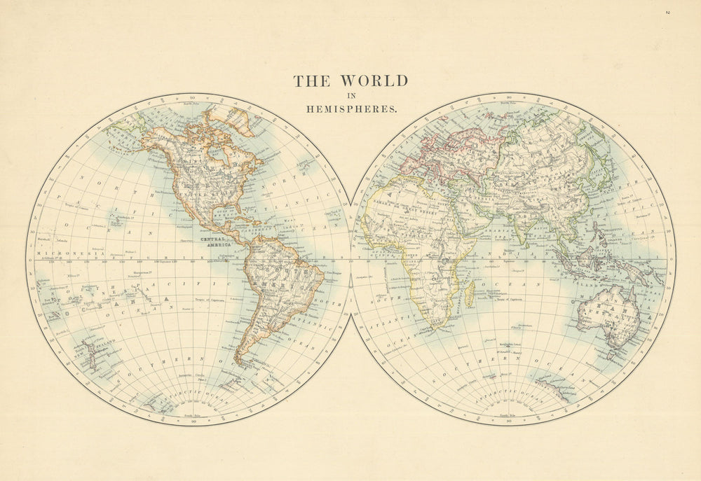 The World in Hemispheres by W. & A.K. Johnston 1885 old antique map plan chart