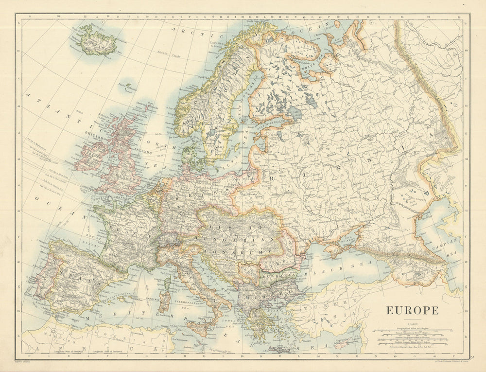Europe by W. & A.K. Johnston 1885 old antique vintage map plan chart