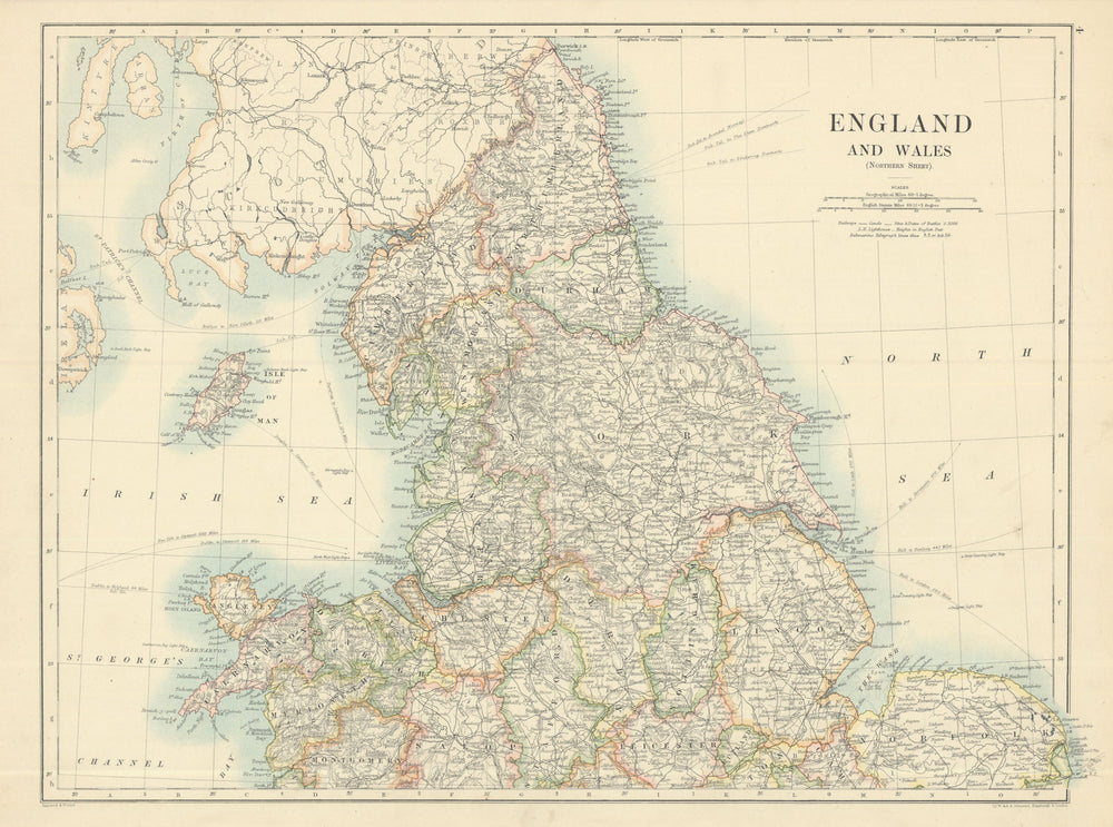 England and Wales (Northern Sheet) by W. & A.K. Johnston 1885 old antique map