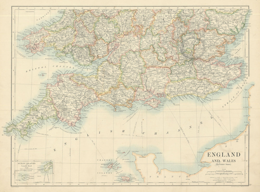 England and Wales (Southern Sheet) by W. & A.K. Johnston 1885 old antique map