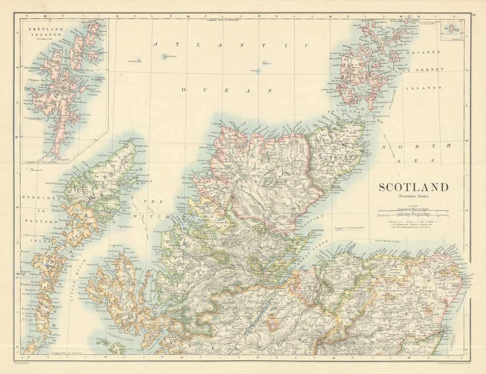 Scotland (Northern Sheet) by W. & A.K. Johnston 1885 old antique map chart