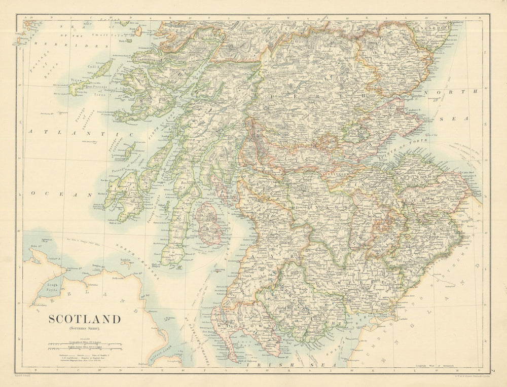 Scotland (Southern Sheet) by W. & A.K. Johnston 1885 old antique map chart