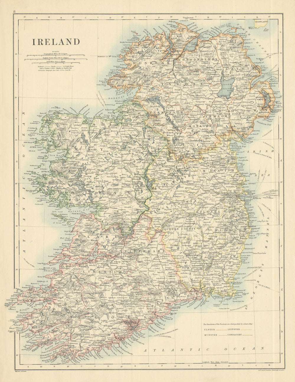 Ireland by W. & A.K. Johnston 1885 old antique vintage map plan chart