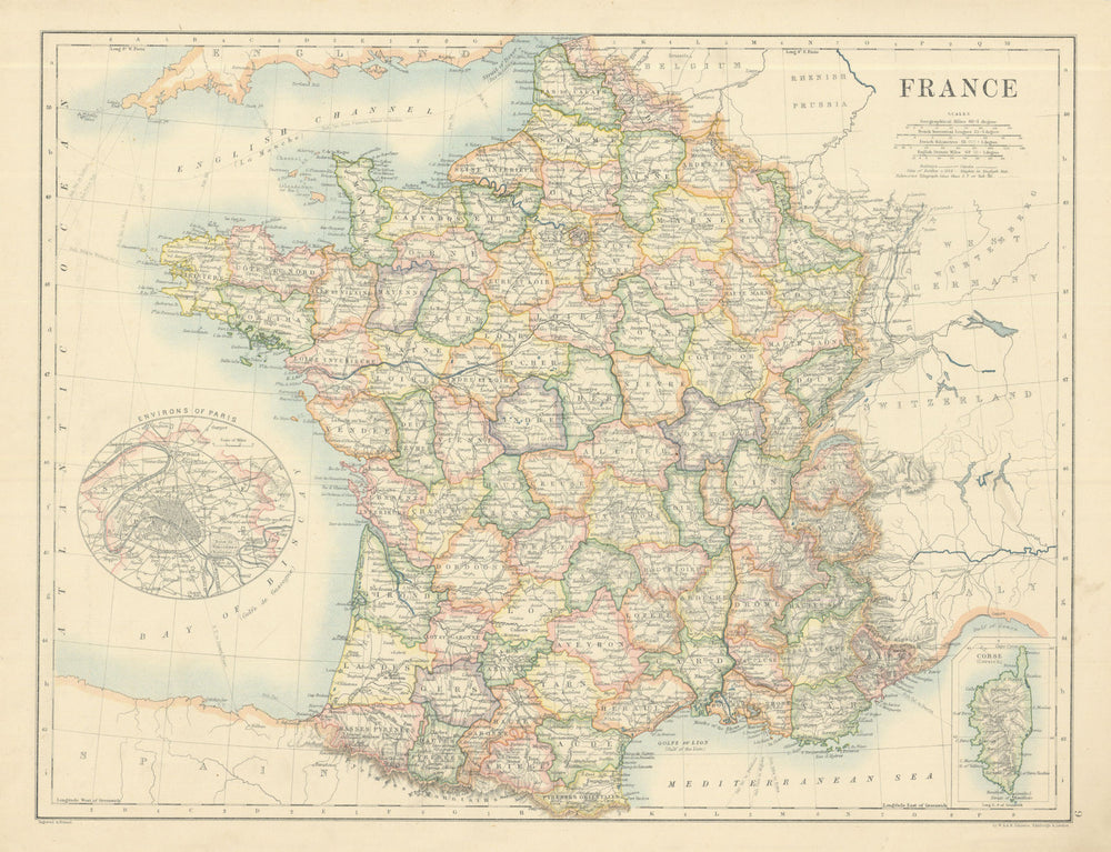 France by W. & A.K. Johnston 1885 old antique vintage map plan chart