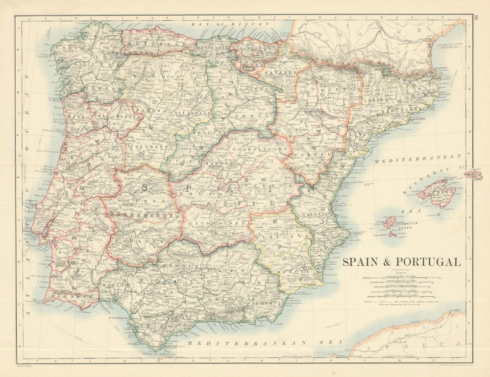 Spain and Portugal by W. & A.K. Johnston 1885 old antique map plan chart