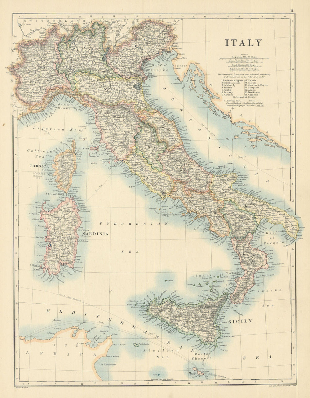 Italy by W. & A.K. Johnston 1885 old antique vintage map plan chart