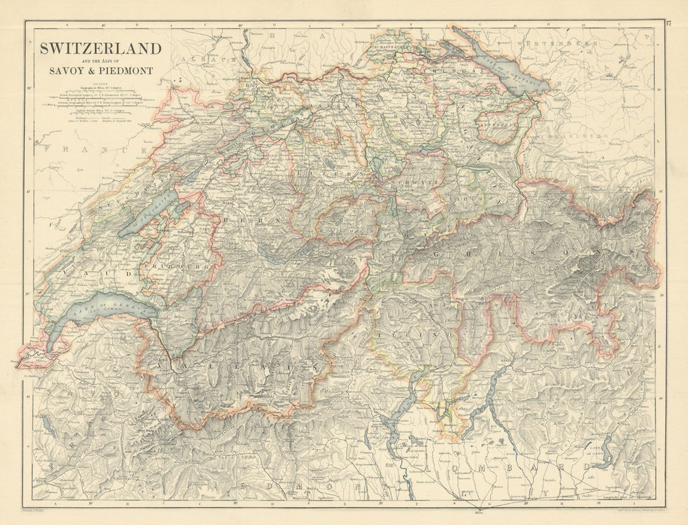 Switzerland and the Alps of Savoy and Piedmont by W. & A.K. Johnston 1885 map