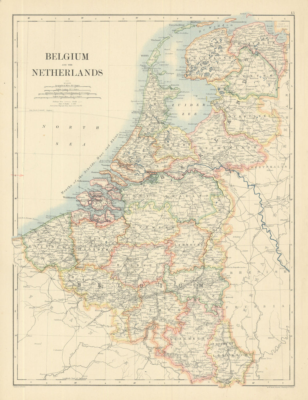 Belgium and the Netherlands by W. & A.K. Johnston 1885 old antique map chart