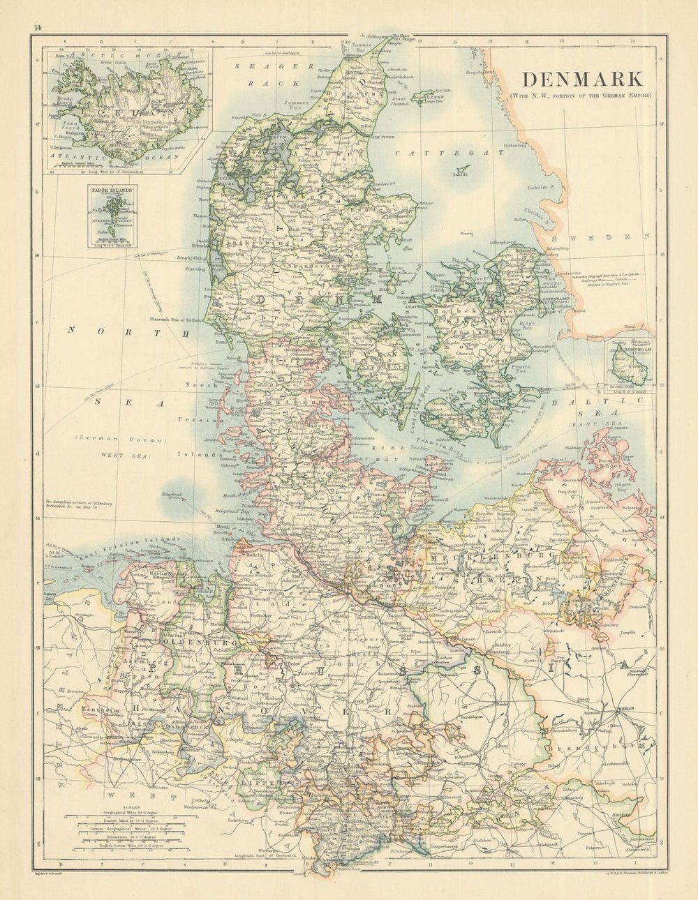 Denmark (with N.W. portion of the German Empire) by W. & A.K. Johnston 1885 map