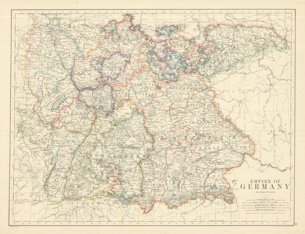 Empire of Germany (Southern Portion) by W. & A.K. Johnston 1885 old map