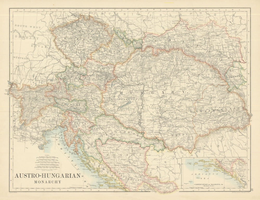Austro-Hungarian Monarchy by W. & A.K. Johnston 1885 old antique map chart