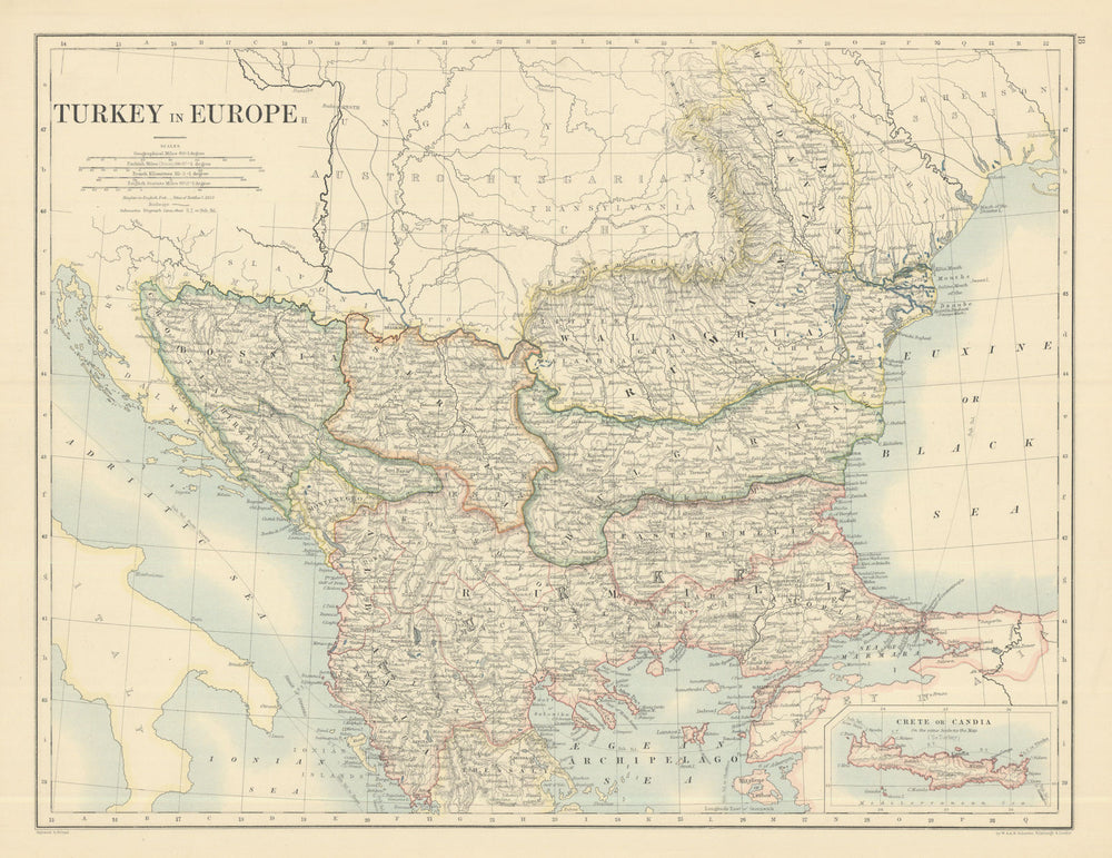 Turkey in Europe by W. & A.K. Johnston. Balkans 1885 old antique map chart