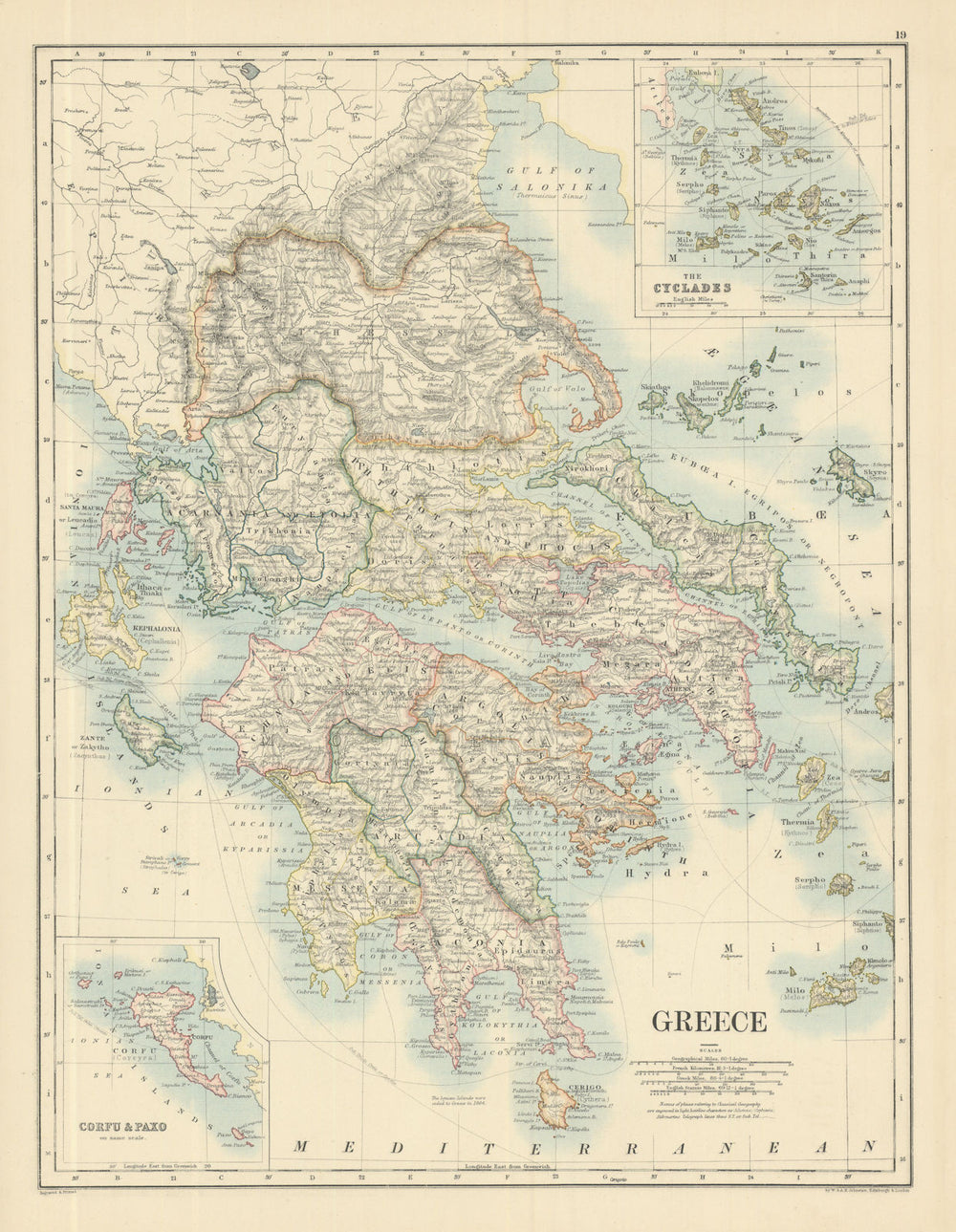 Greece by W. & A.K. Johnston 1885 old antique vintage map plan chart
