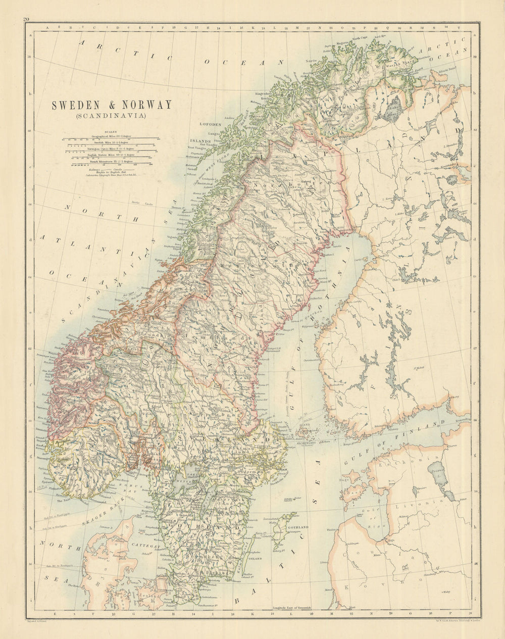 Sweden and Norway (Scandinavia) by W. & A.K. Johnston 1885 old antique map