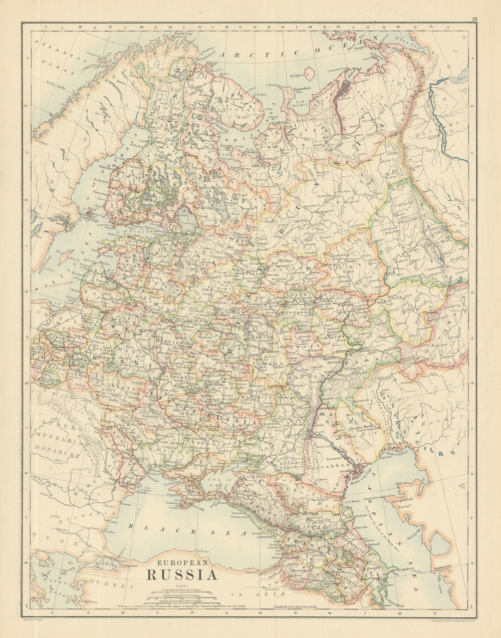 European Russia by W. & A.K. Johnston 1885 old antique vintage map plan chart